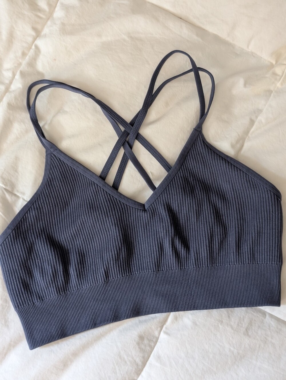 AERIE Ribbed Strappy Back Seamless Bralette Dusty Blue Medium